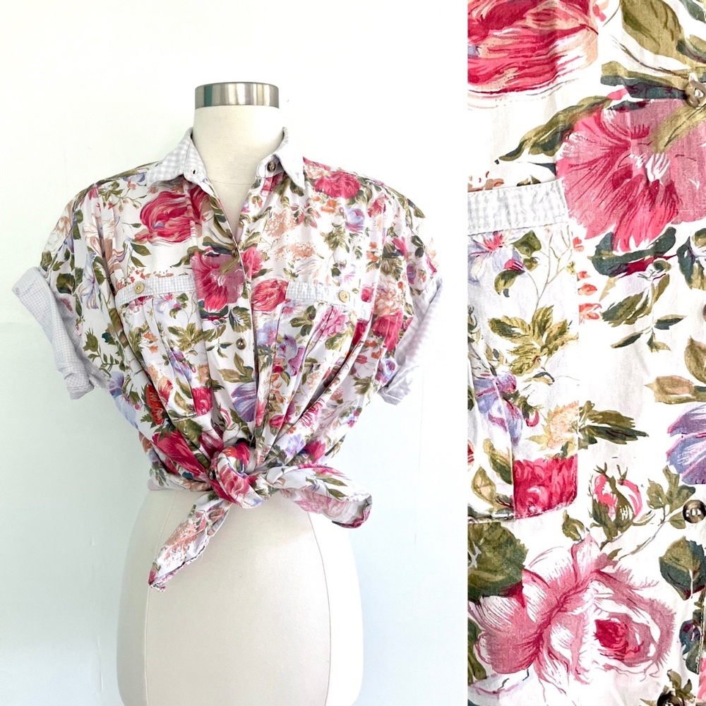 Vintage 80’s roses floral gingham button down shirt sleeve shirt top blouse